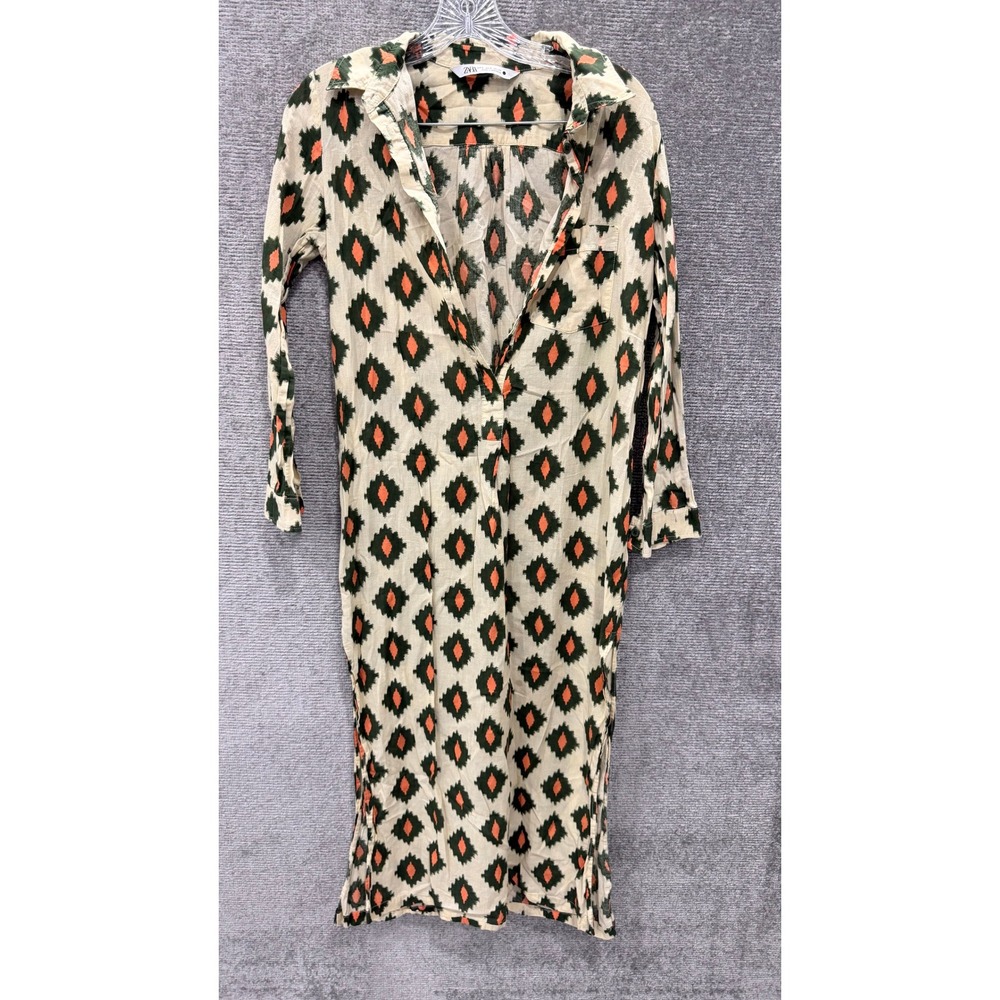 Zara Shirt Dress Size S Cream Green Orange Ikat Geometric Midi Boho Long Slv - Picture 5 of 7